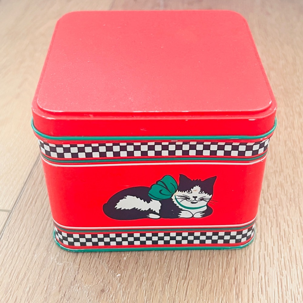 Vintage‎ Potpourri Press Meow Mates Tuxedo Cat Tin Red Checkered USA Kitten